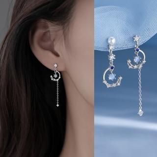 【Emi 艾迷】韓系月映星光湛藍鋯石珍珠不對稱925銀針耳環
