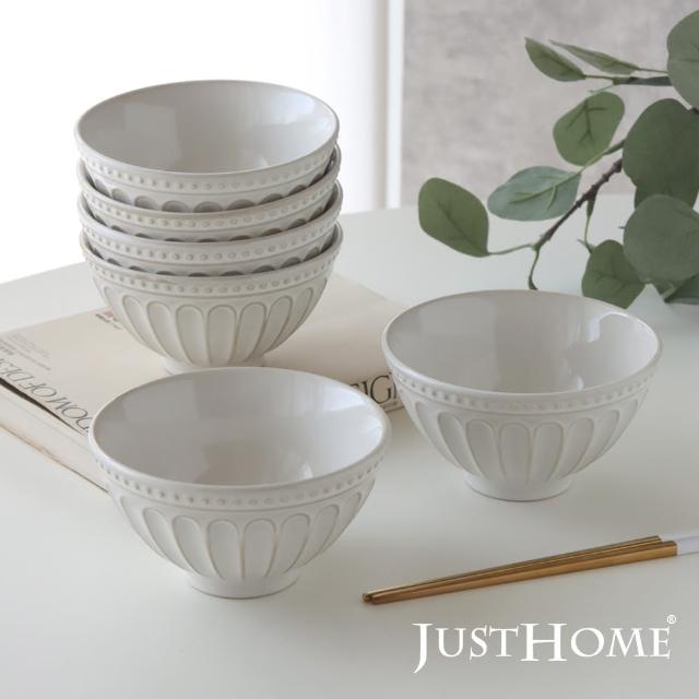 【Just Home】霧白輕奢條紋陶瓷飯碗餐盤6件組(中式飯碗-可微波)