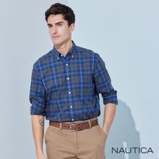【NAUTICA】男裝 經典格紋純棉長袖襯衫(藍)