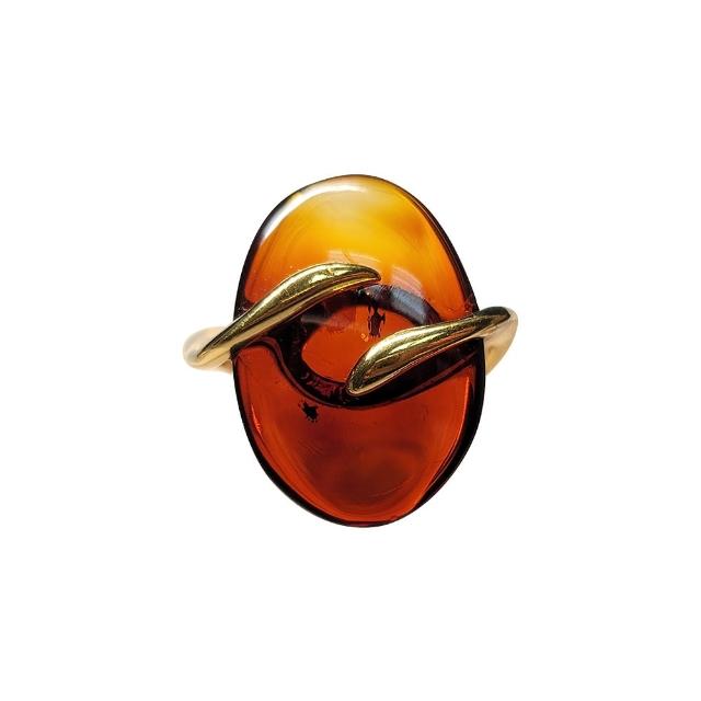【優雅琥珀】來自波羅地海 金珀-干邑色琥珀 戒指(925純銀鍍金 橢圓片型戒指)