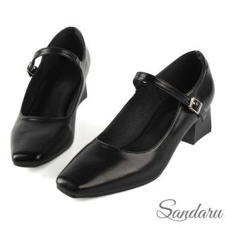 【SANDARU 山打努】跟鞋 小方頭側扣粗跟瑪莉珍鞋(黑)