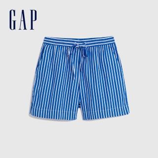 【GAP】女裝 高腰鬆緊抽繩短褲-藍色條紋(616666)