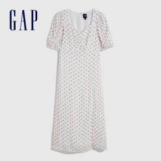 【GAP】女裝 輕薄修身泡泡袖短袖洋裝-白色(665851)