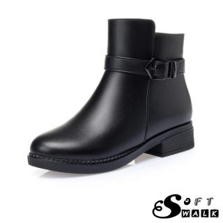 【SOFT WALK 舒步】皮帶釦短靴/時尚潮流皮帶釦飾保暖機能休閒短靴(黑)