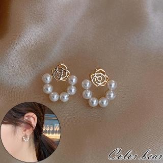 【卡樂熊】s925銀針韓系珍珠玫瑰圈造型耳環飾品(s925銀飾品)