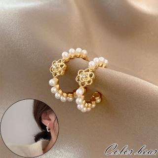 【卡樂熊】s925銀針韓系玫瑰環珍珠造型耳環飾品(s925銀飾品)