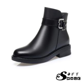 【SOFT WALK 舒步】真皮短靴 低跟短靴/真皮個性不對稱美鑽釦飾造型低跟短靴(黑)