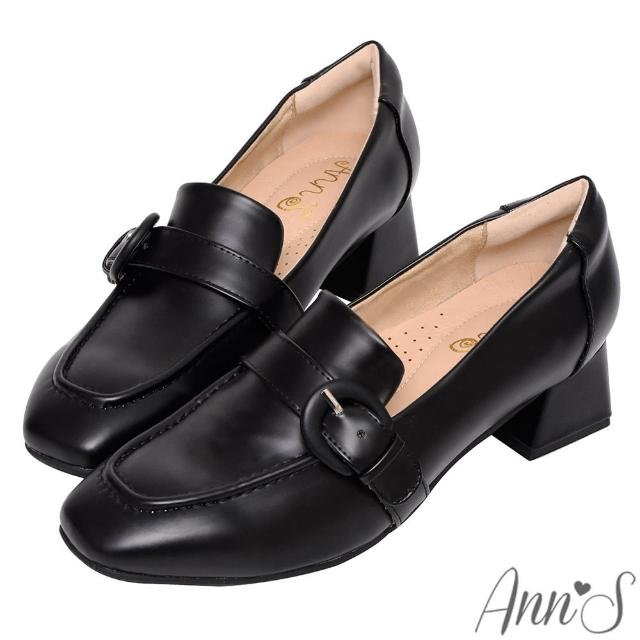 【Ann’S】知性氣息-半月型包釦帶方頭粗跟樂福鞋4cm-版型偏小(黑)