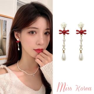 【MISS KOREA】韓國設計S925銀針甜美紅色蝴蝶結玫瑰水滴珍珠造型耳環(S925銀針耳環 玫瑰耳環 珍珠耳環)