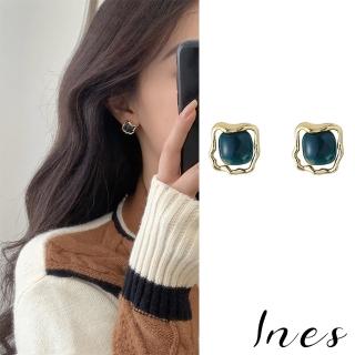 【INES】S925銀針耳環 寶石耳環/韓國設計S925銀針復古不規則金屬條框琥珀寶石造型耳環(2色任選)