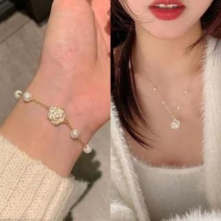 【Emi 艾迷】韓系清奢氣質山茶花鋯石珍珠鎖骨鍊手鍊