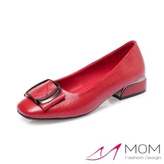 【MOM】真皮跟鞋 方頭跟鞋 粗跟跟鞋/真皮小方頭格子壓紋蝴蝶結造型粗跟鞋(紅)