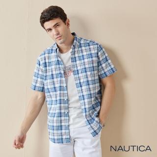 【NAUTICA】男裝 百搭格紋透氣短袖襯衫(藍色)