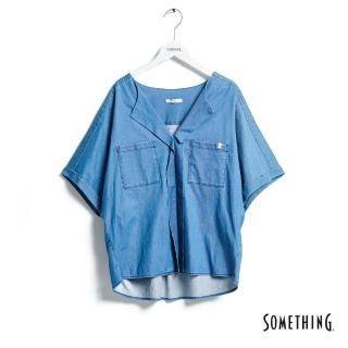 【SOMETHING】女裝 翻領短袖丹寧襯衫(拔洗藍)