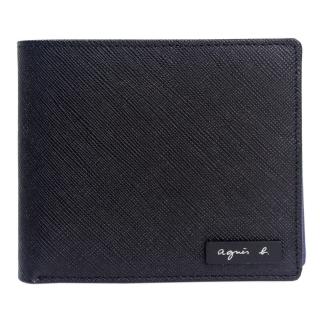 【agnes b.】VOYAGE 金屬草寫Logo黑x藍紫撞色皮革附零錢袋短夾
