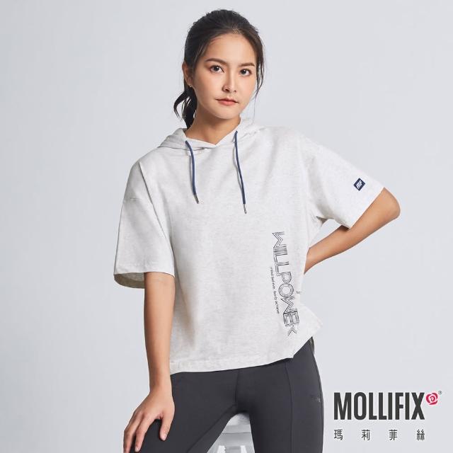 【Mollifix 瑪莉菲絲】側開岔百搭短袖連帽T恤、瑜珈上衣、瑜珈服(淺麻灰)