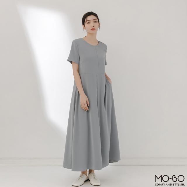 【MO-BO】圓領修身打褶傘襬洋裝