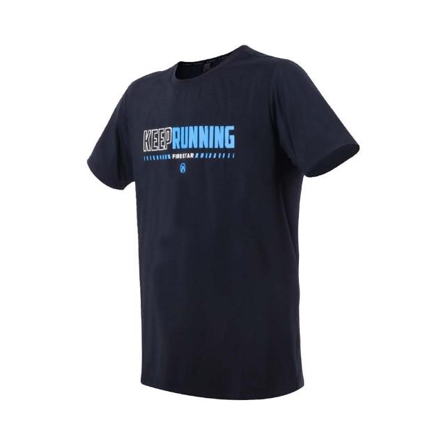 【FIRESTAR】男彈性印花短袖T恤-慢跑 路跑 涼感 運動 上衣 反光 丈青藍白(D3235-93)