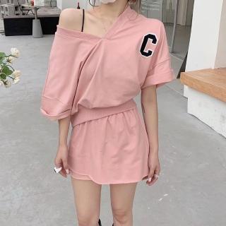 【BBHONEY】韓風V領C字褲裙休閒套裝(1+1二件套)