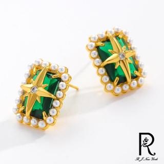 【RJ New York】八芒星綠晶高級珍珠方型耳環(綠色)