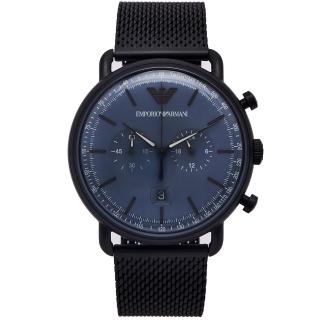 【EMPORIO ARMANI】圓弧立體感雙眼計時功能米蘭錶帶手錶-藍色面/42mm(AR11201)