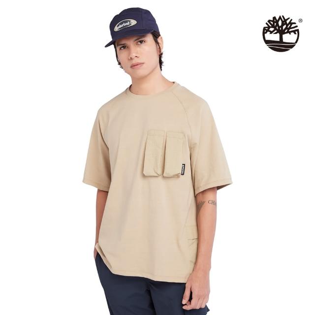 【Timberland】男款淺卡其混合材質工裝短袖T恤(A6Q9WDH4)