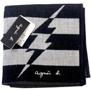 【agnes b.】草寫字母閃電LOGO粗條紋純棉材質方巾(黑白)