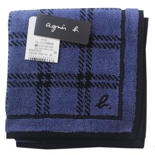 【agnes b.】草寫b刺繡LOGO方格純棉材質方巾(藍)