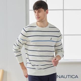 【NAUTICA】男裝 拼接織法條紋長袖針織衫(白色)