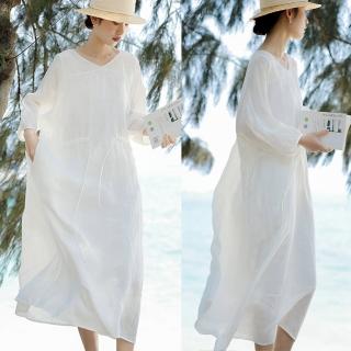 【設計所在】獨家高端限量系列 水果酵素砂洗純亞麻刺繡白色洋裝 Q230194(S-L可選)