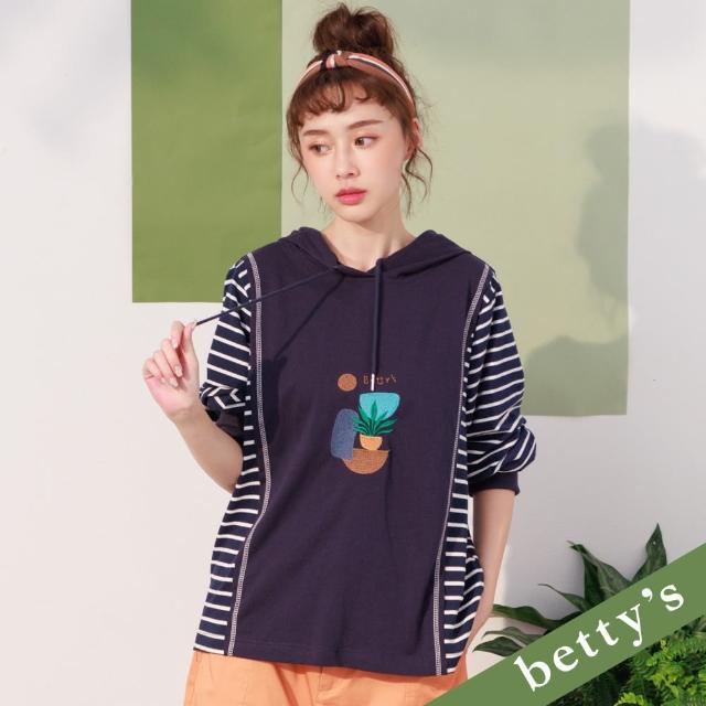 【betty’s 貝蒂思】連帽條紋拼接繡花T-shirt(深藍)