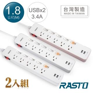 【RASTO】FE9 六開五插三孔二埠USB延長線 1.8M(2入組)