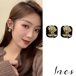 【INES】韓國設計S925銀針復古法式赫本風方型花朵造型耳環(S925銀針耳環 方型耳環 花朵耳環)