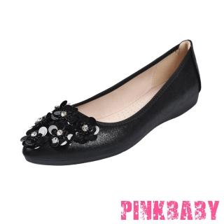 【PINKBABY】尖頭平底鞋 軟底平底鞋/小尖頭閃耀亮片花朵造型軟底平底鞋(黑)