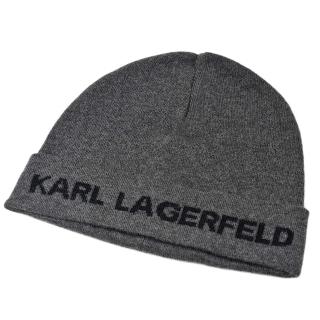 【KARL LAGERFELD 卡爾】簡約LOGO反折毛帽-深灰