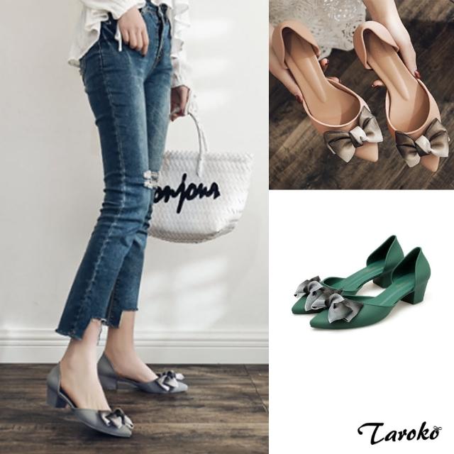 【Taroko】時尚舒適蝴蝶結尖頭粗跟鞋(5色可選)