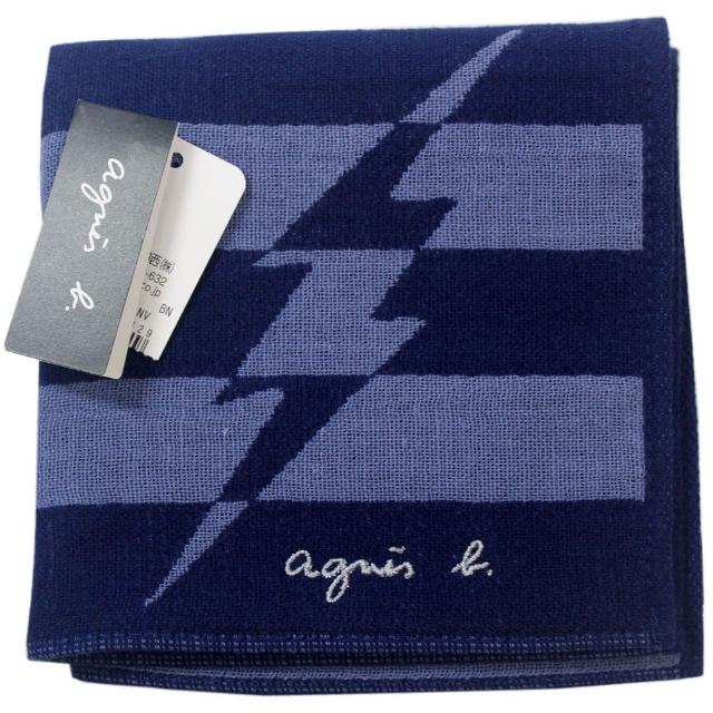【agnes b.】草寫字母閃電LOGO粗條紋純棉材質方巾(靛藍)