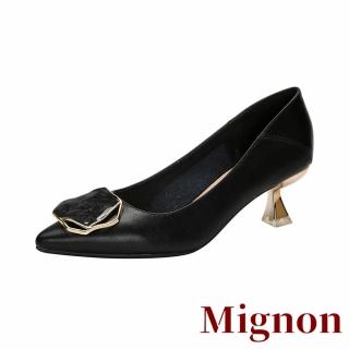 【Mignon】真皮跟鞋 尖頭跟鞋 縷空跟鞋/真皮頭層牛皮小尖頭幾何縷空多邊形釦飾跟鞋(黑)