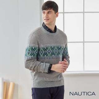 【NAUTICA】男裝 復古花紋彈性長袖針織衫(灰色)