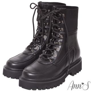 【Ann’S】街頭時髦人士-拼接飛織綁帶個性厚底軍靴4cm(黑)