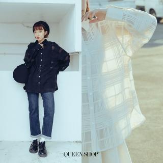 【Queenshop】女裝 透膚襯衫 鏤空格紋設計微透膚襯衫 兩色售 現+預 01024905