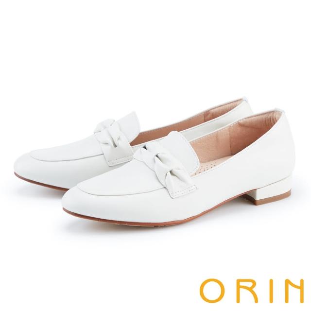 【ORIN】素色立體抓皺真皮樂福低跟鞋(白色)