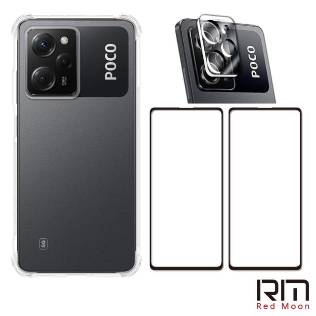 【RedMoon】POCO X5 Pro 5G 手機殼貼4件組 鏡頭增高四角防摔殼-9H保貼2入+3D全包鏡頭貼