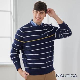 【NAUTICA】男裝 拼接織法條紋長袖針織衫(深藍色)