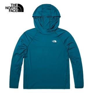 【The North Face 官方旗艦】北面男款藍色吸濕排汗防曬連帽長袖上衣｜81PWEFS