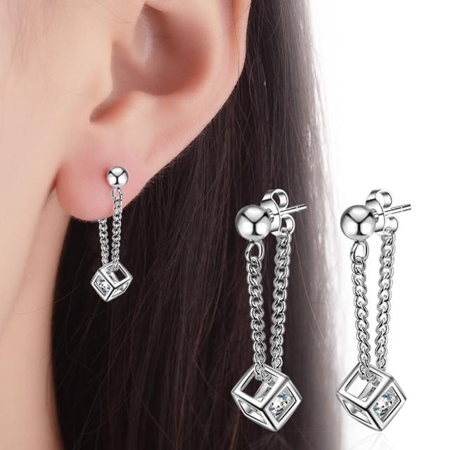 【Emi 艾迷】韓系簡約鏤空方塊鋯石珠珠串鍊925銀針耳環