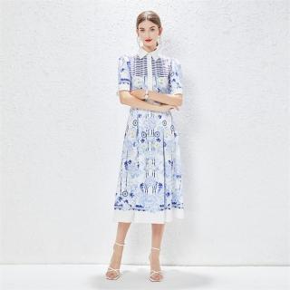 【M2M】玩美衣櫃短袖印花洋裝歐風藍印花連身裙M-2XL