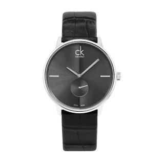 【Calvin Klein 凱文克萊】ACCENT系列 黑面銀框 獨立小秒針 黑色壓紋皮革錶帶 手錶 CK錶 男錶(K2Y211C3)