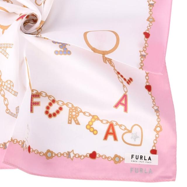 【FURLA 芙拉】燙銀LOGO吊飾圖案純綿帕巾(粉紅色)