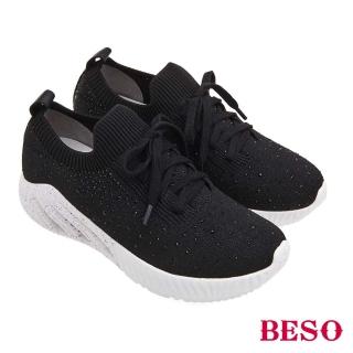 【A.S.O 阿瘦集團】BESO 輕量飛織布燙鑽綁帶噴漆大底休閒鞋(黑色)